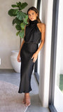 Sleeveless Satin Halterneck Solid Color Women's Dress