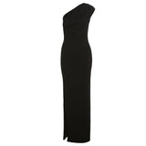 Solid Elegant Maxi Dress Women Inclined Shoulder Sleeveless Dress Silver Sam