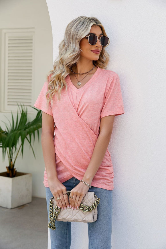 Casual Short-Sleeve V-Neck Shirt with Knotted Front Silver Sam