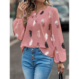 V-neck Feather Print Long-sleeved Loose Blouse