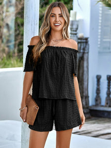 Casual Off-Shoulder Loose Short Sleeve Top & Shorts Set