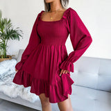 Square Collar Flared Long Sleeve Ruffled Swing Dress Silver Sam