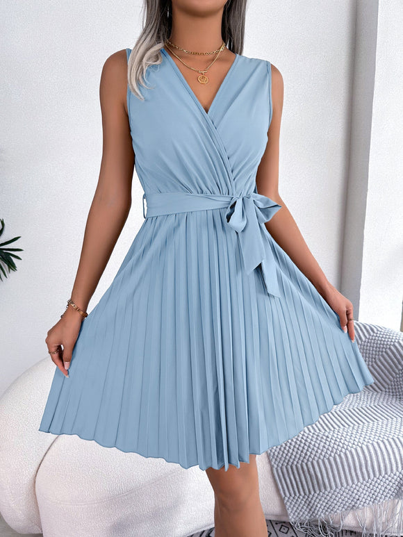V-Neck Sleeveless Waist Gathered Pleated Dress Silver Sam