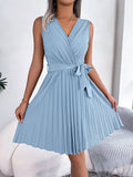 V-Neck Sleeveless Waist Gathered Pleated Dress Silver Sam