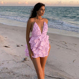 Sexy Deep V Backless Mini Tiered Dress Silver Sam