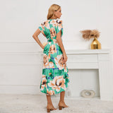 V-neck Bat Sleeve Print Fishtail Dress Silver Sam