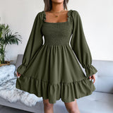 Square Collar Flared Long Sleeve Ruffled Swing Dress Silver Sam
