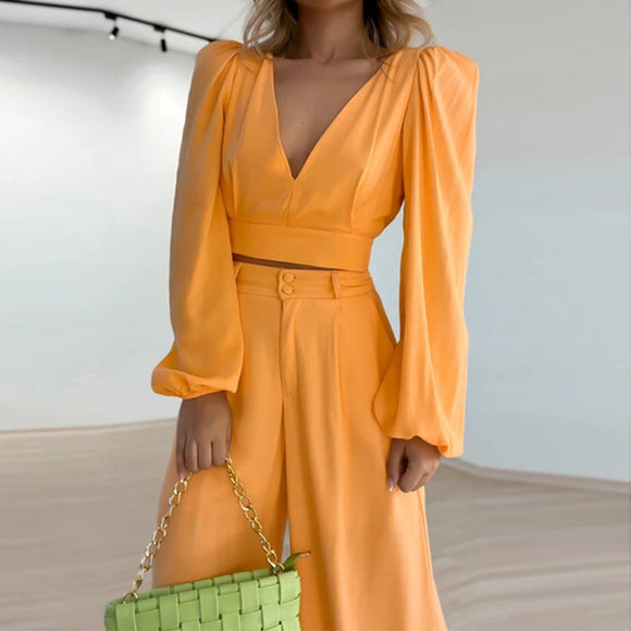 V-neck Long Sleeve Shirt & High Waist Wide Leg Pants