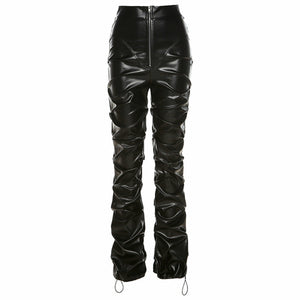 PU Leather Pleated High Waist Black Stacked Pant Hipster Street Style