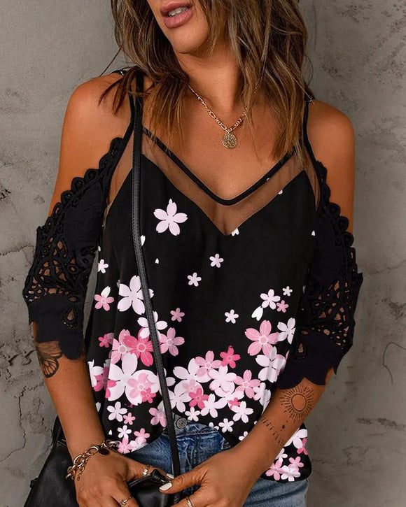 Printed V-Neck Lace Trim Camisole Top