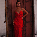 Backless Maxi Dress with High Slit and Ruffle Hem
