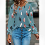 V-neck Feather Print Long-sleeved Loose Blouse