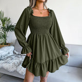 Square Collar Flared Long Sleeve Ruffled Swing Dress Silver Sam