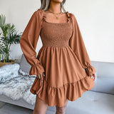 Square Collar Flared Long Sleeve Ruffled Swing Dress Silver Sam