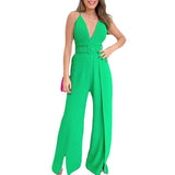 V-neck High-waisted Jumpsuit with Split Wide Leg Pants with Belt