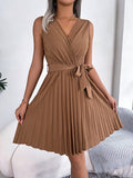 V-Neck Sleeveless Waist Gathered Pleated Dress Silver Sam