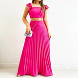 Solid Color Crop Top & Pleated Midi Skirt Set