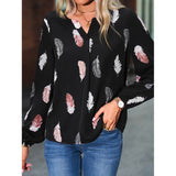 V-neck Feather Print Long-sleeved Loose Blouse