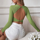 Backless Casual Short Knit Slim Fit Long Sleeve Top Silver Sam