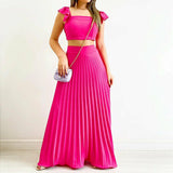 Solid Color Crop Top & Pleated Midi Skirt Set