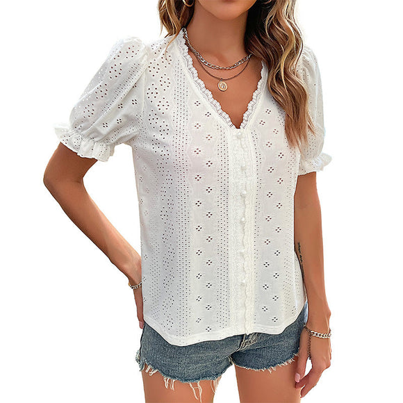 White Lace V-neck Blouse with Hollowed-out Design Silver Sam