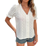 White Lace V-neck Blouse with Hollowed-out Design Silver Sam