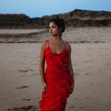 Backless Maxi Dress with High Slit and Ruffle Hem