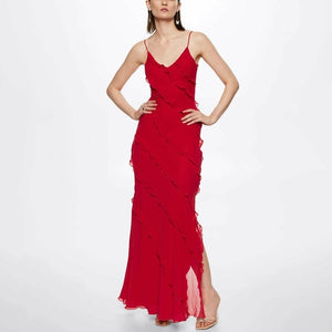 Backless Maxi Dress with High Slit and Ruffle Hem