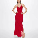 Backless Maxi Dress with High Slit and Ruffle Hem