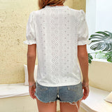 White Lace V-neck Blouse with Hollowed-out Design Silver Sam