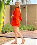 Slit Seven Points Sleeve Cardigan Top & Draw Rope Shorts