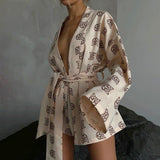 Casual Tie-Waist Long Sleeve Pajama Set with High Waisted Shorts