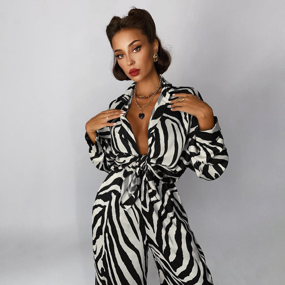 Stripes Long Sleeve Blouse Wide Trousers Suit