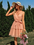 Solid Color V-neck Tie-Waist Slip Dress Silver Sam