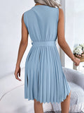 V-Neck Sleeveless Waist Gathered Pleated Dress Silver Sam