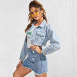 Turn-down Collar Women Denim Jacket Coat Silver Sam