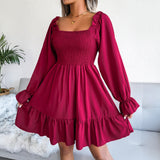 Square Collar Flared Long Sleeve Ruffled Swing Dress Silver Sam