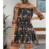 Elegant Embroidery Print See-through Mesh Mini Dress Silver Sam