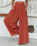 Loose Cotton Wide-Leg Pants with Elastic Waistband & Pockets