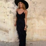 Backless Maxi Dress with High Slit and Ruffle Hem