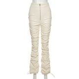 PU Leather Pleated High Waist Black Stacked Pant Hipster Street Style