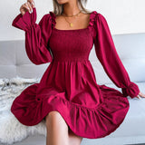 Square Collar Flared Long Sleeve Ruffled Swing Dress Silver Sam