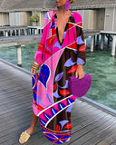 Loose V-neck Printed Long Sleeve Dress for Women