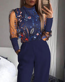  Sheer Mesh Floral Long Sleeve Patchwork Jumpsuit