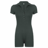 Solid Color Lapel Button Ribbed Slim Casual Jumpsuit