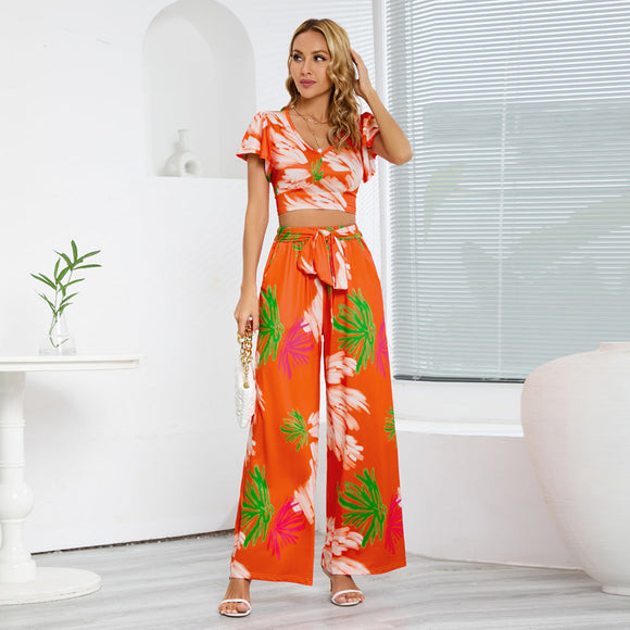 Print Pullover Top & Wide Leg Trousers Set