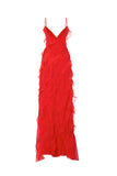 Backless Maxi Dress with High Slit and Ruffle Hem