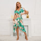 V-neck Bat Sleeve Print Fishtail Dress Silver Sam