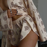 Casual Tie-Waist Long Sleeve Pajama Set with High Waisted Shorts
