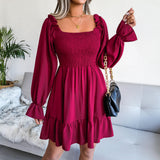 Square Collar Flared Long Sleeve Ruffled Swing Dress Silver Sam